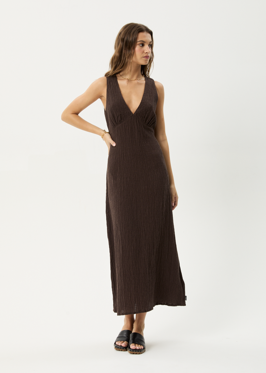 AFENDS Womens Focus - Seersucker Maxi Dress - Coffee