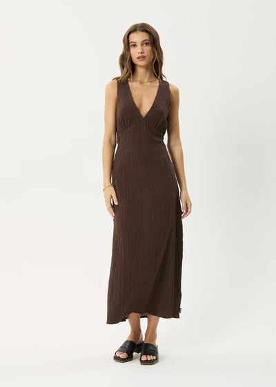 AFENDS Womens Focus Tully - Seersucker Maxi Dress - Coffee