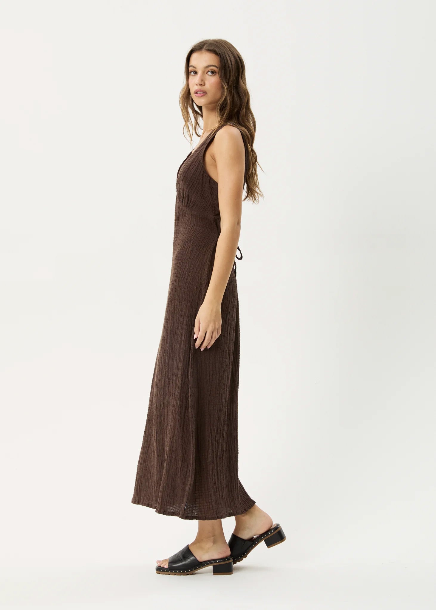 AFENDS Womens Focus Tully - Seersucker Maxi Dress - Coffee