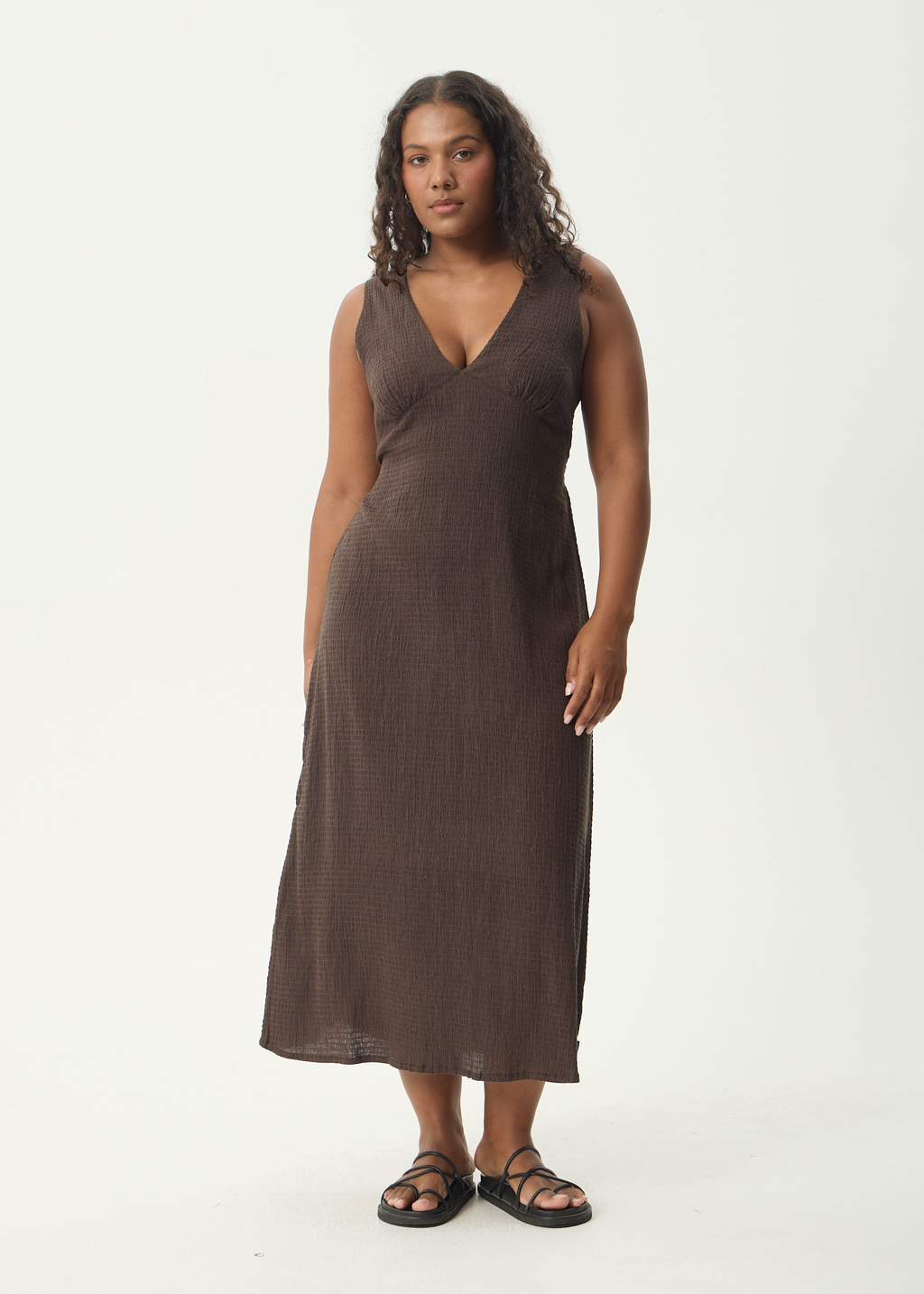 AFENDS Womens Focus - Seersucker Maxi Dress - Coffee