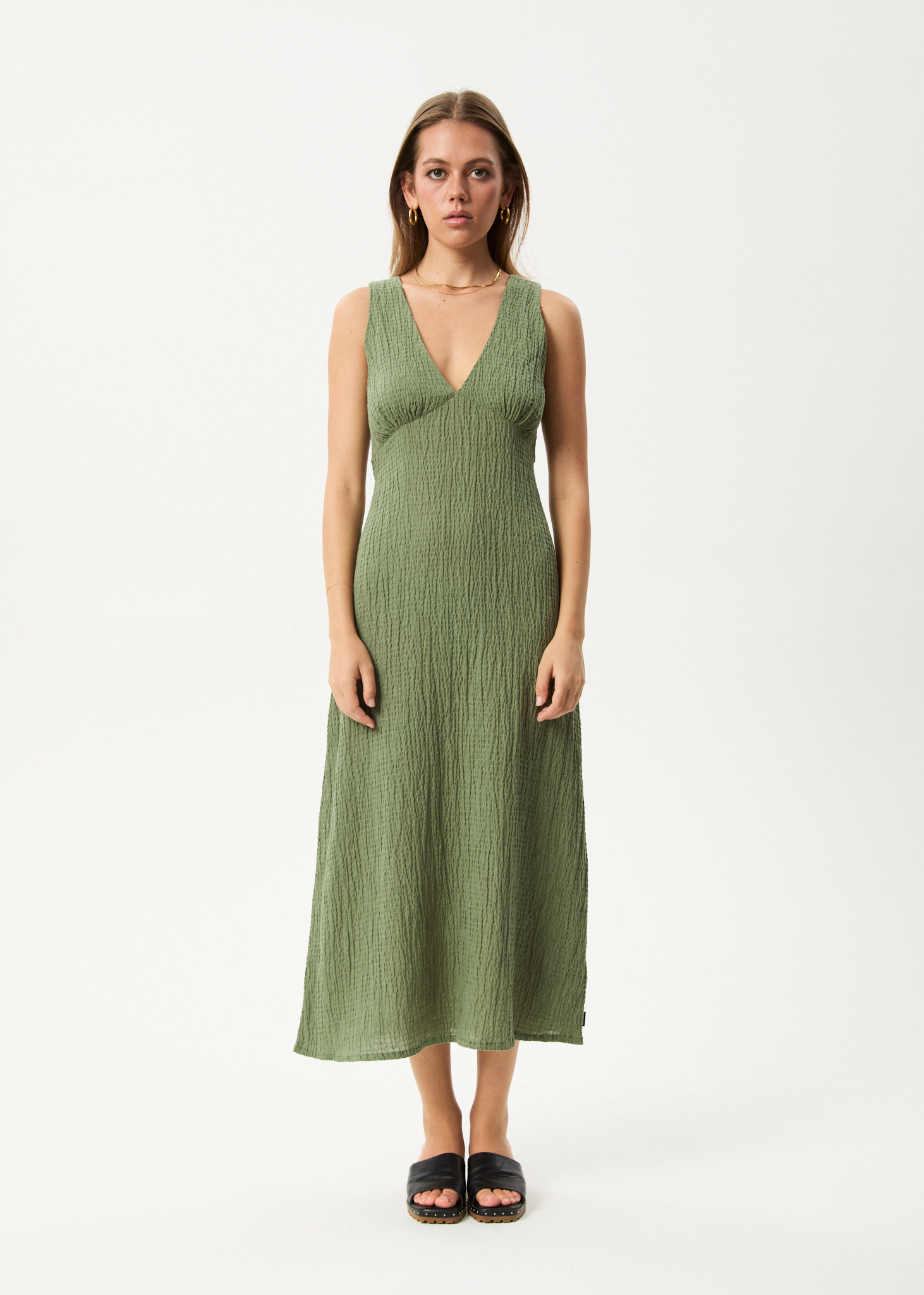 AFENDS Womens Focus - Seersucker Maxi Dress - Oil Green