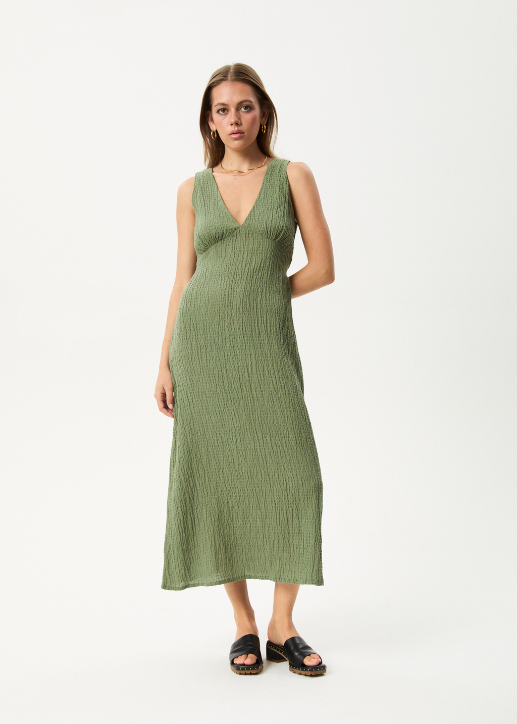 AFENDS Womens Focus - Seersucker Maxi Dress - Oil Green