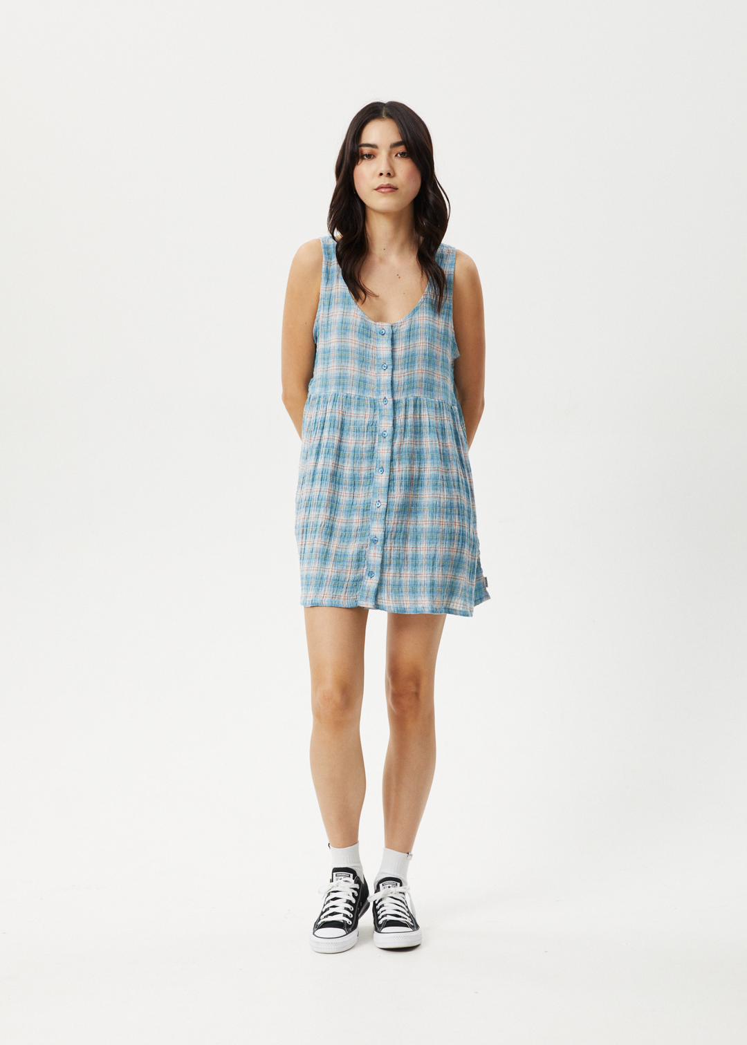 AFENDS Womens Position Jesse - Seer Sucker Check Dress - Lake Check 