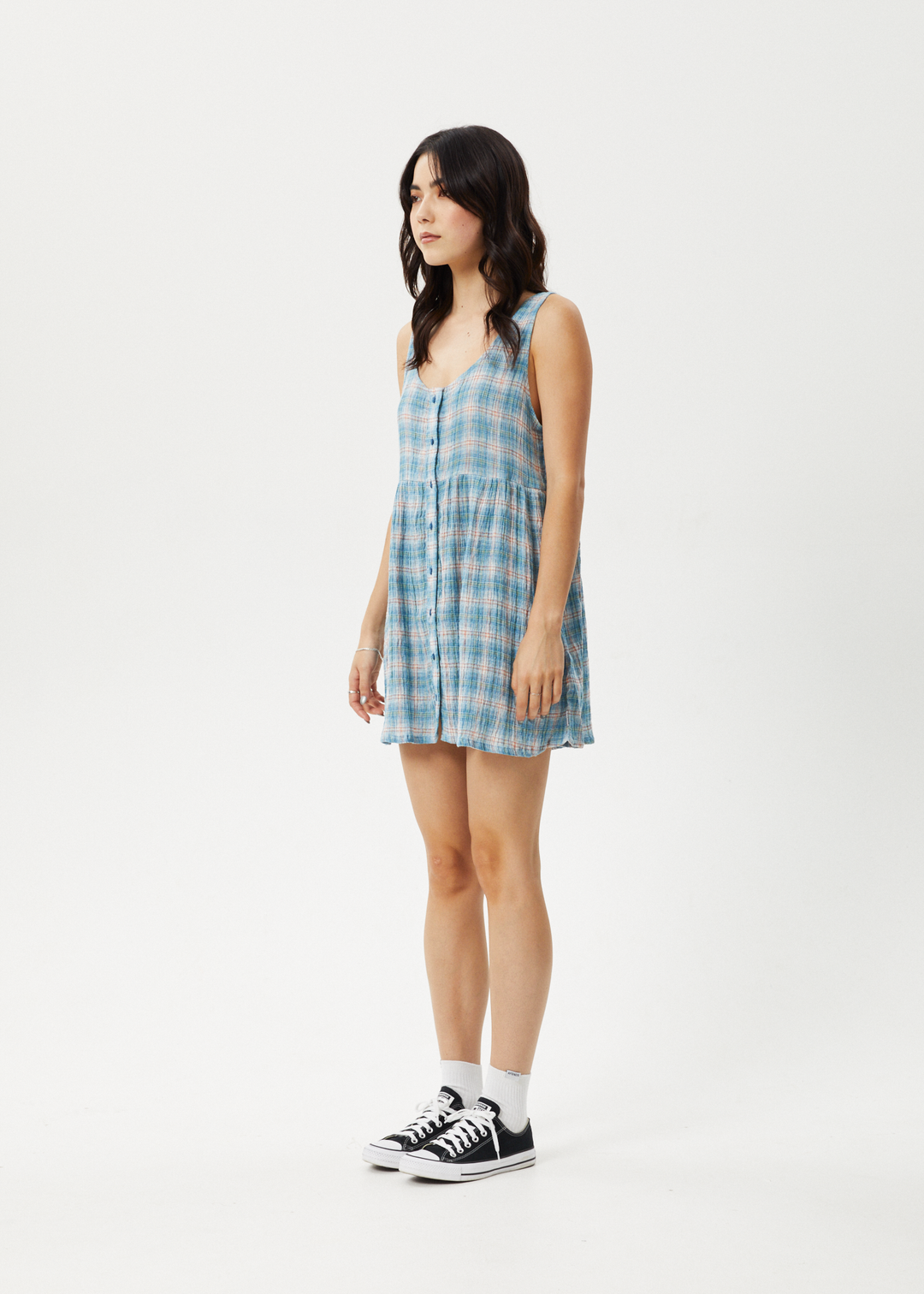 AFENDS Womens Position Jesse - Seer Sucker Check Dress - Lake Check 