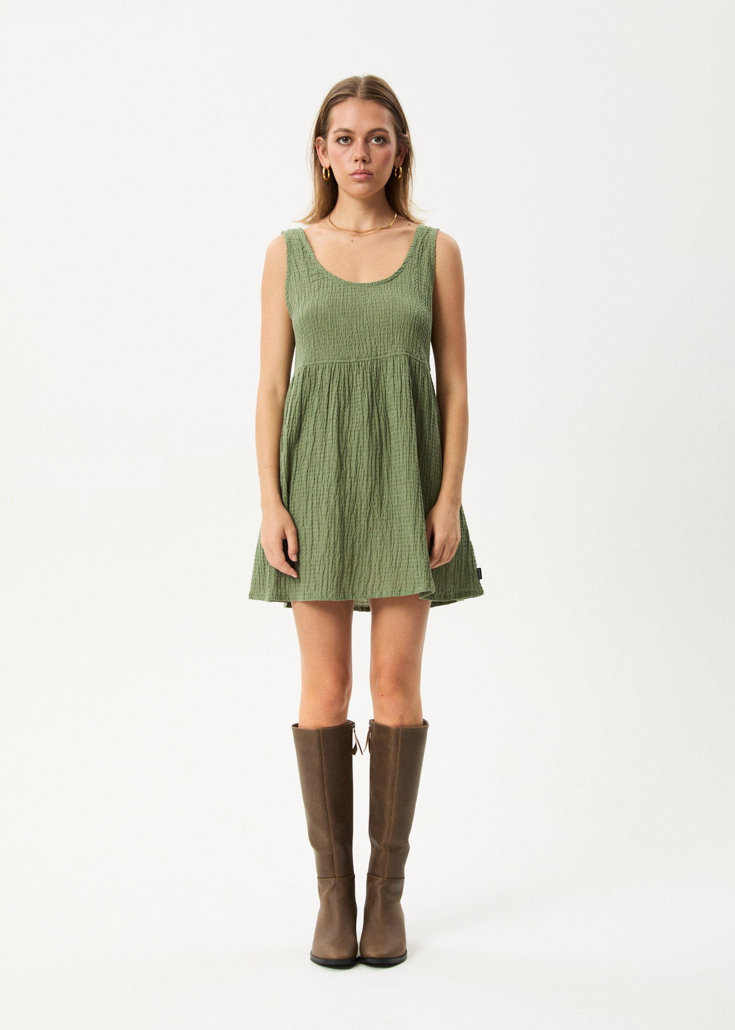 AFENDS Womens Focus Jesse - Seersucker Mini Dress - Oil Green