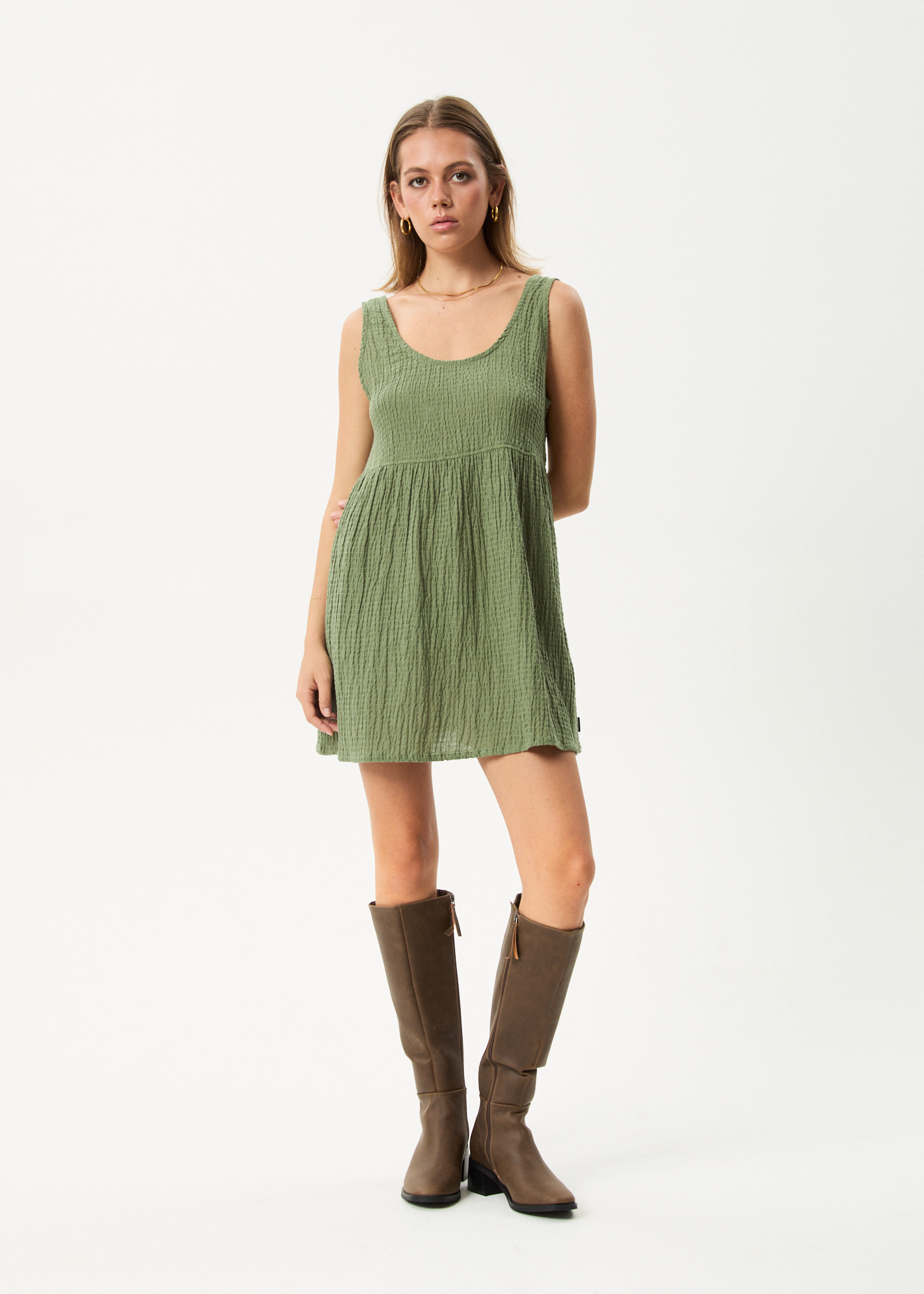 AFENDS Womens Focus Jesse - Seersucker Mini Dress - Oil Green