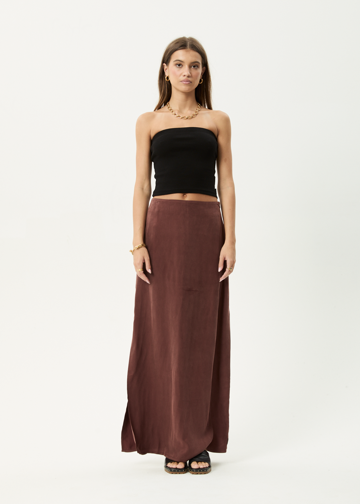AFENDS Womens Grace - Cupro Maxi Skirt - Hazelnut