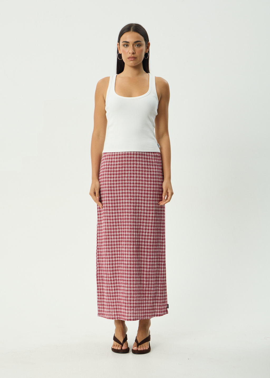 AFENDS Womens Base - Seersucker Maxi Skirt - Burgundy Check