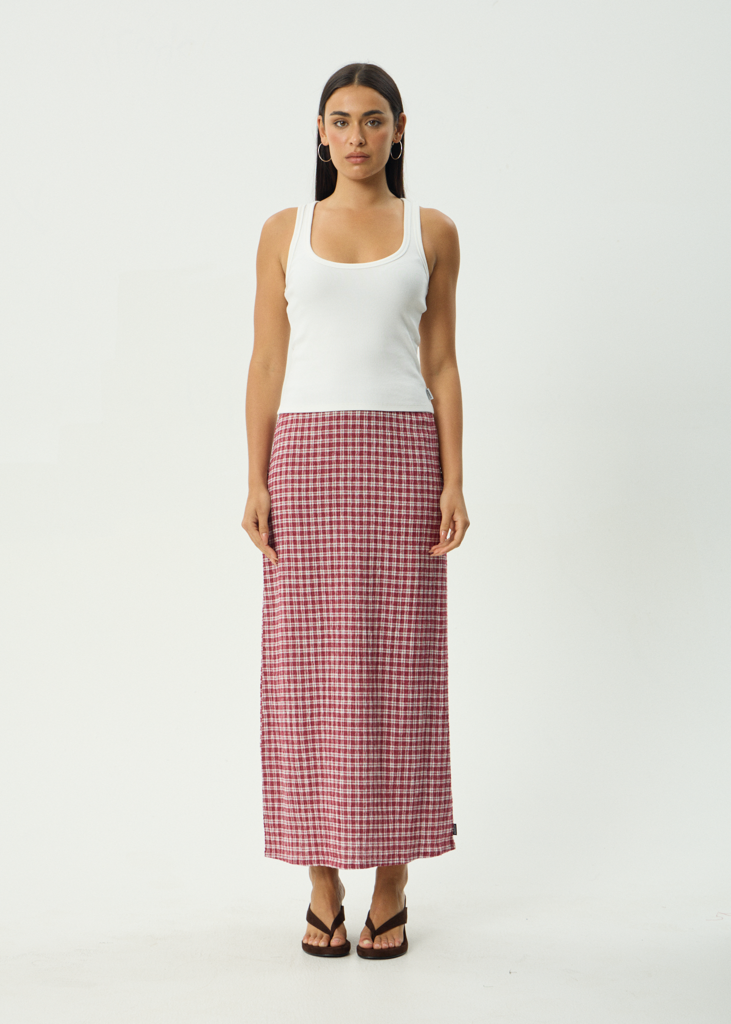 AFENDS Womens Base - Seersucker Maxi Skirt - Burgundy Check
