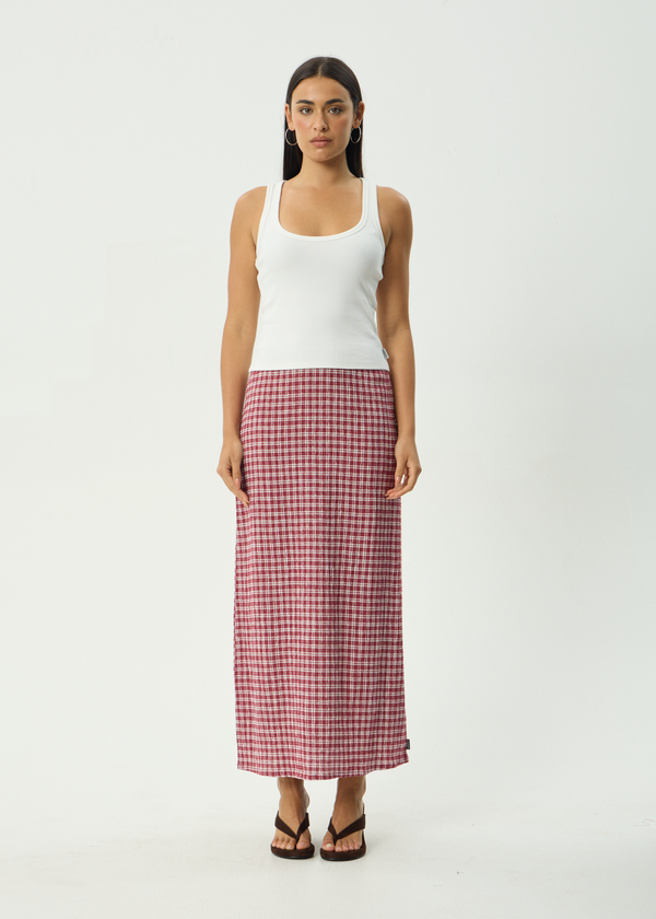 AFENDS Womens Base - Seersucker Maxi Skirt - Burgundy Check
