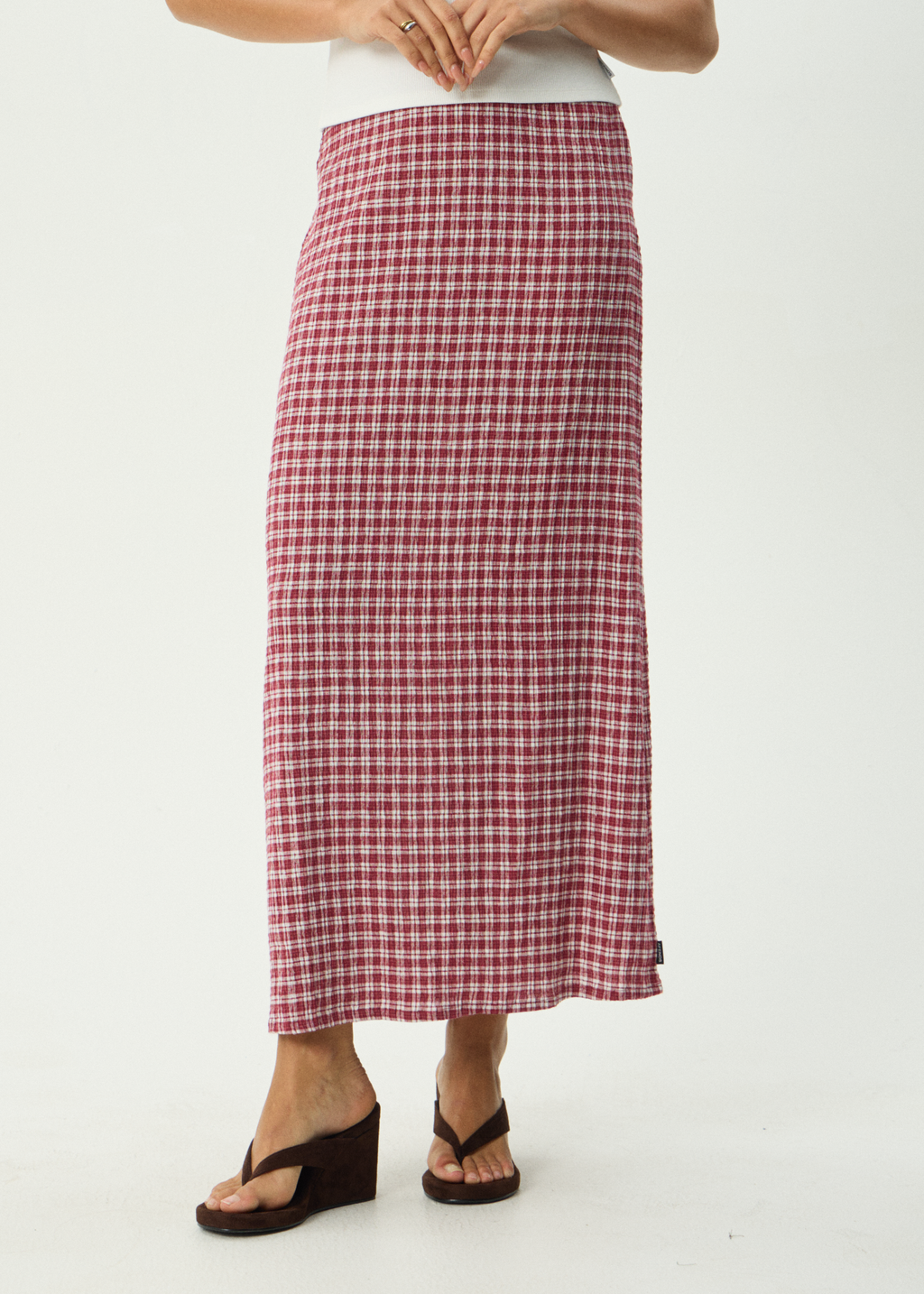 AFENDS Womens Base - Seersucker Maxi Skirt - Burgundy Check