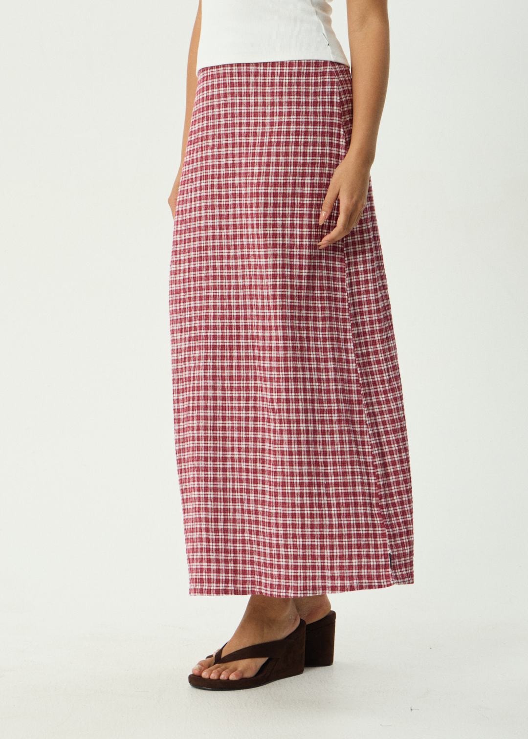 AFENDS Womens Base - Seersucker Maxi Skirt - Burgundy Check