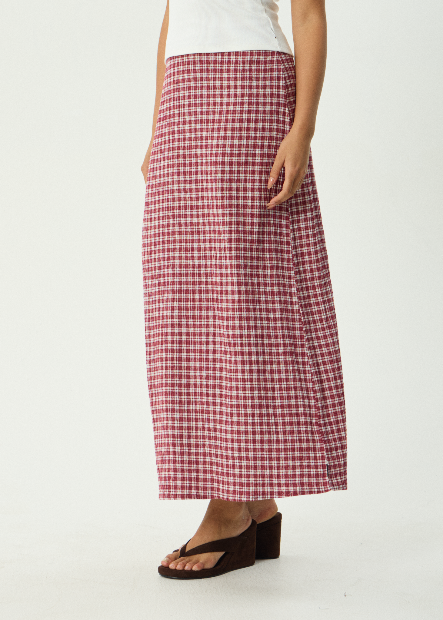 AFENDS Womens Base - Seersucker Maxi Skirt - Burgundy Check
