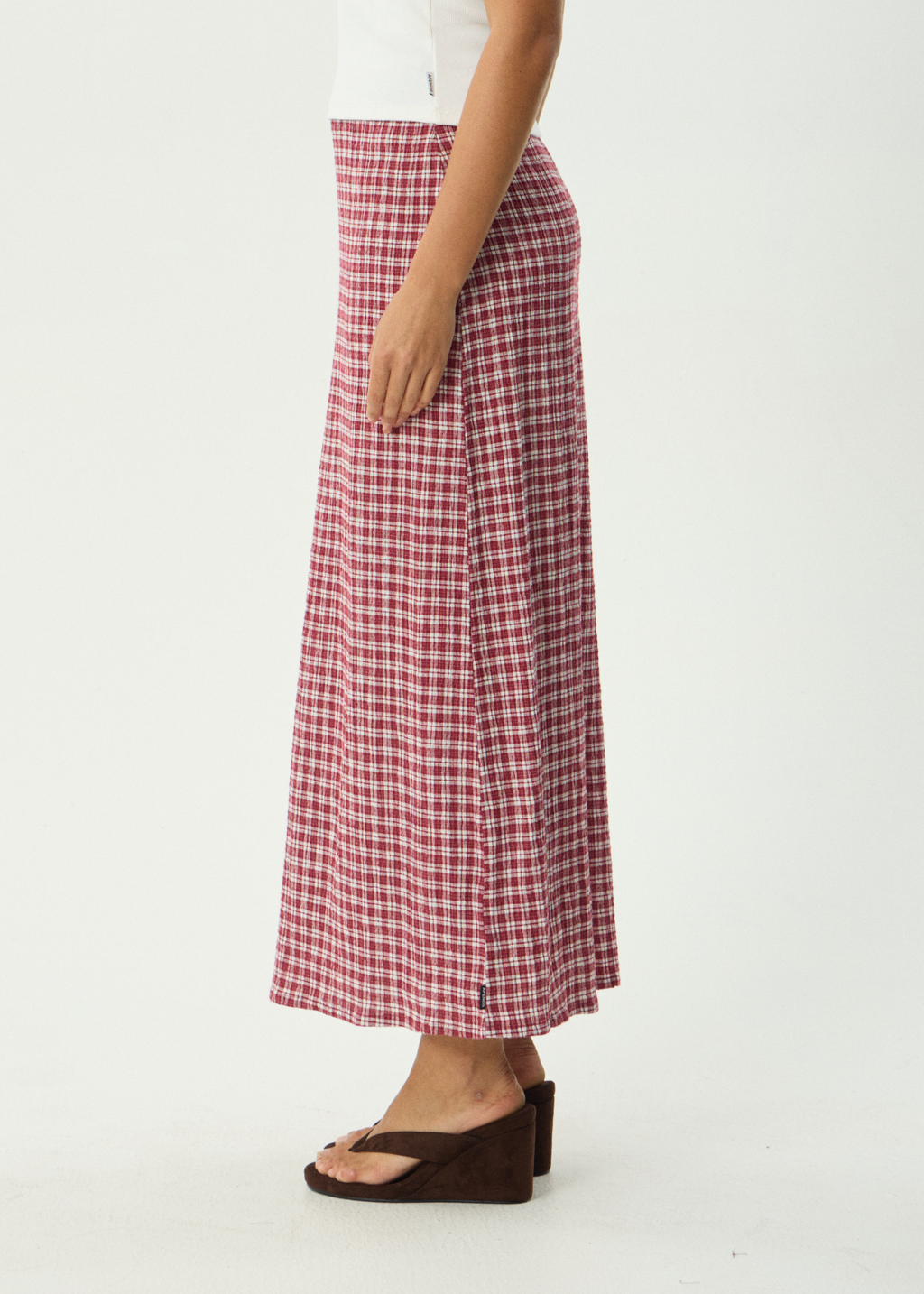 AFENDS Womens Base - Seersucker Maxi Skirt - Burgundy Check