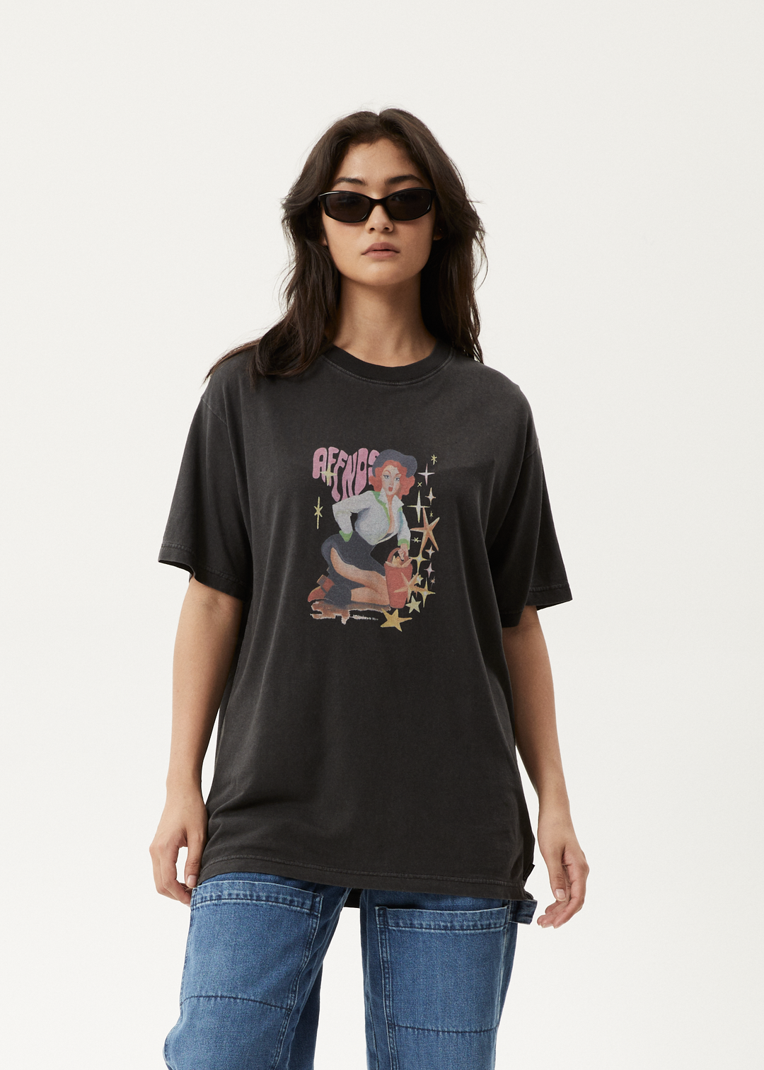 AFENDS Womens Worlds Above - Oversized T-Shirt - Stone Black 