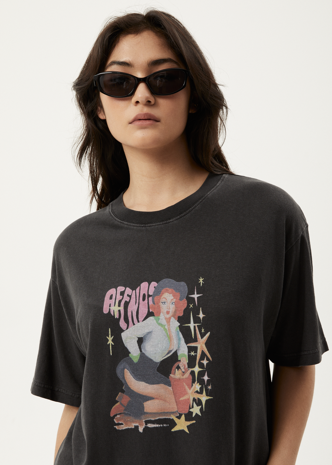 AFENDS Womens Worlds Above - Oversized T-Shirt - Stone Black 