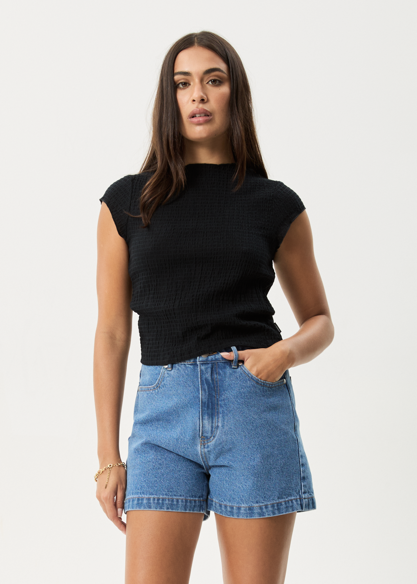 AFENDS Womens Focus - Seersucker Mock Neck Top - Black