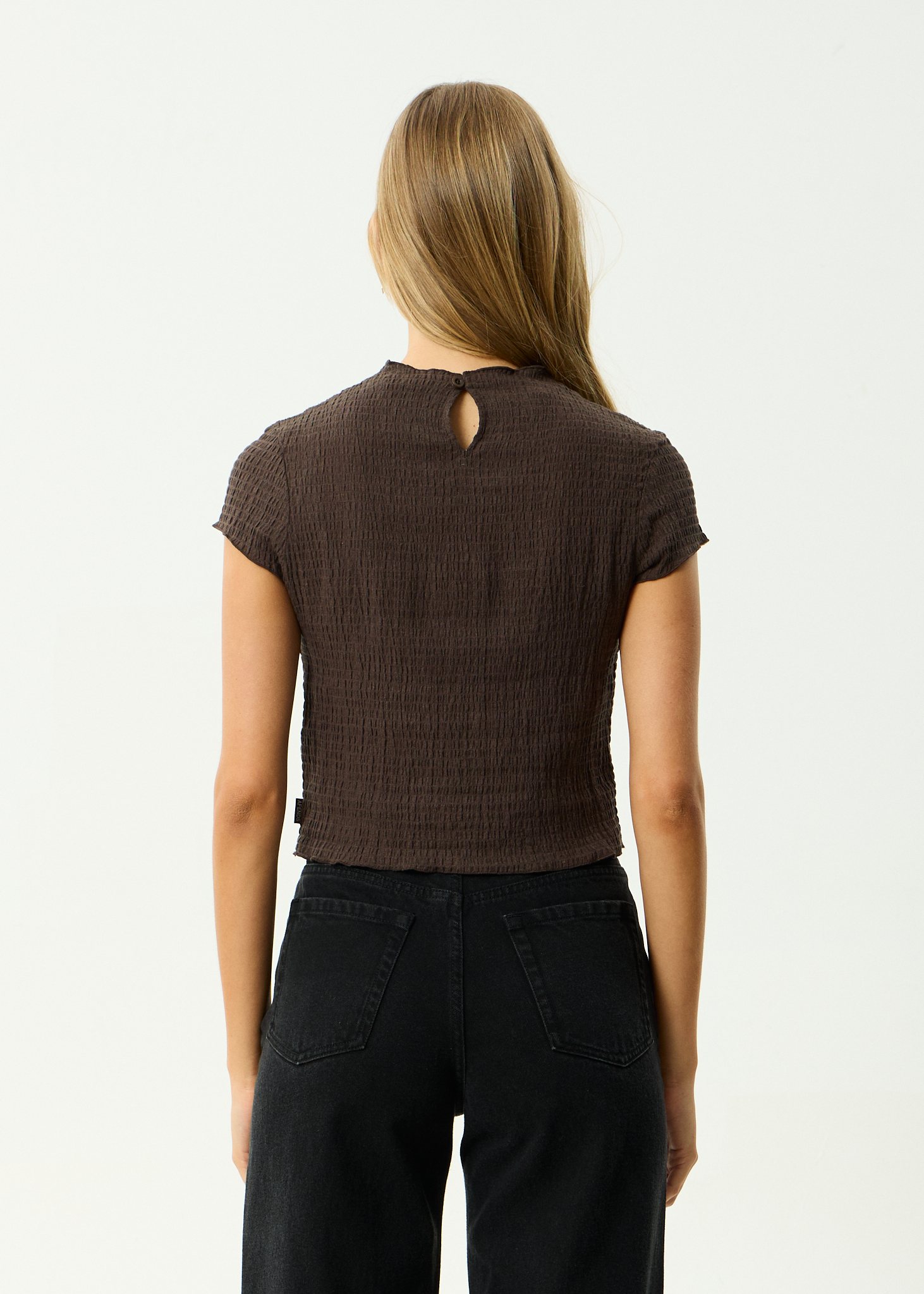 AFENDS Womens Focus - Seersucker Mock Neck Top - Coffee