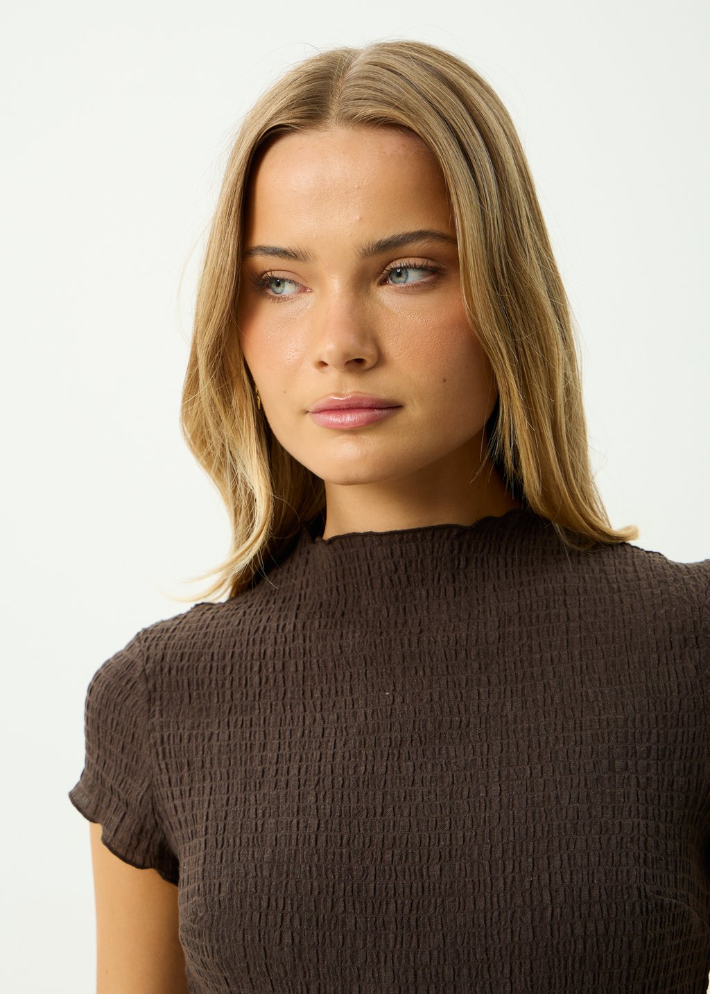 AFENDS Womens Focus - Seersucker Mock Neck Top - Coffee