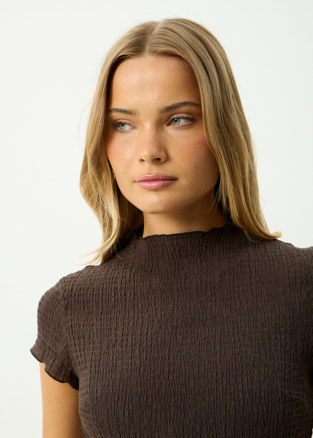 AFENDS Womens Focus - Seersucker Mock Neck Top - Coffee