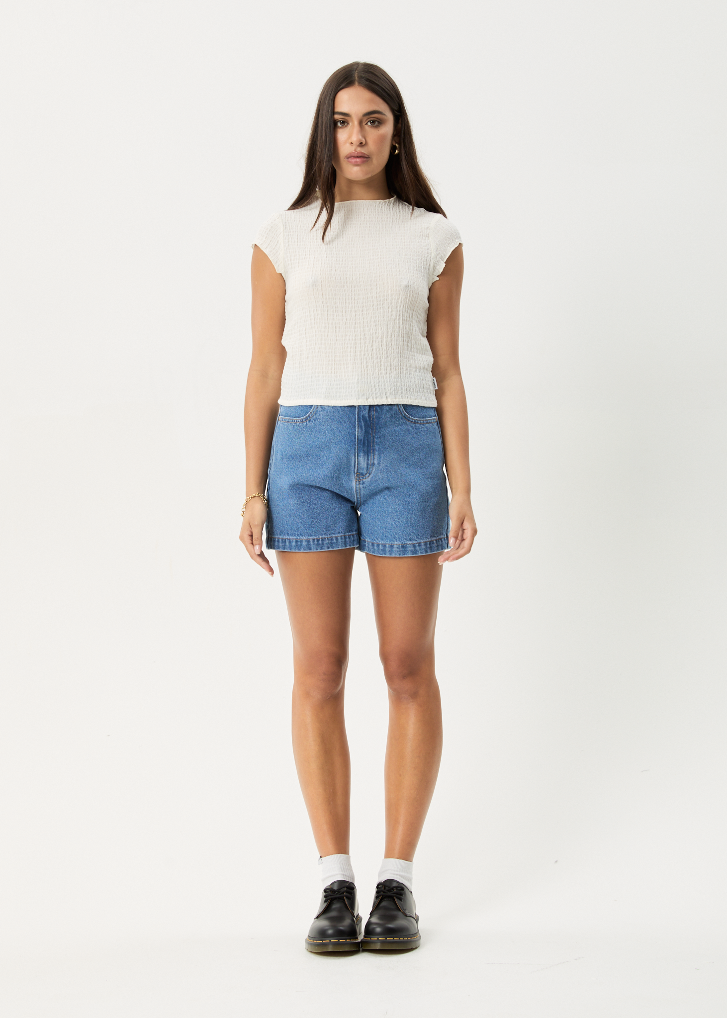 AFENDS Womens Focus - Seersucker Mock Neck Top - Off White