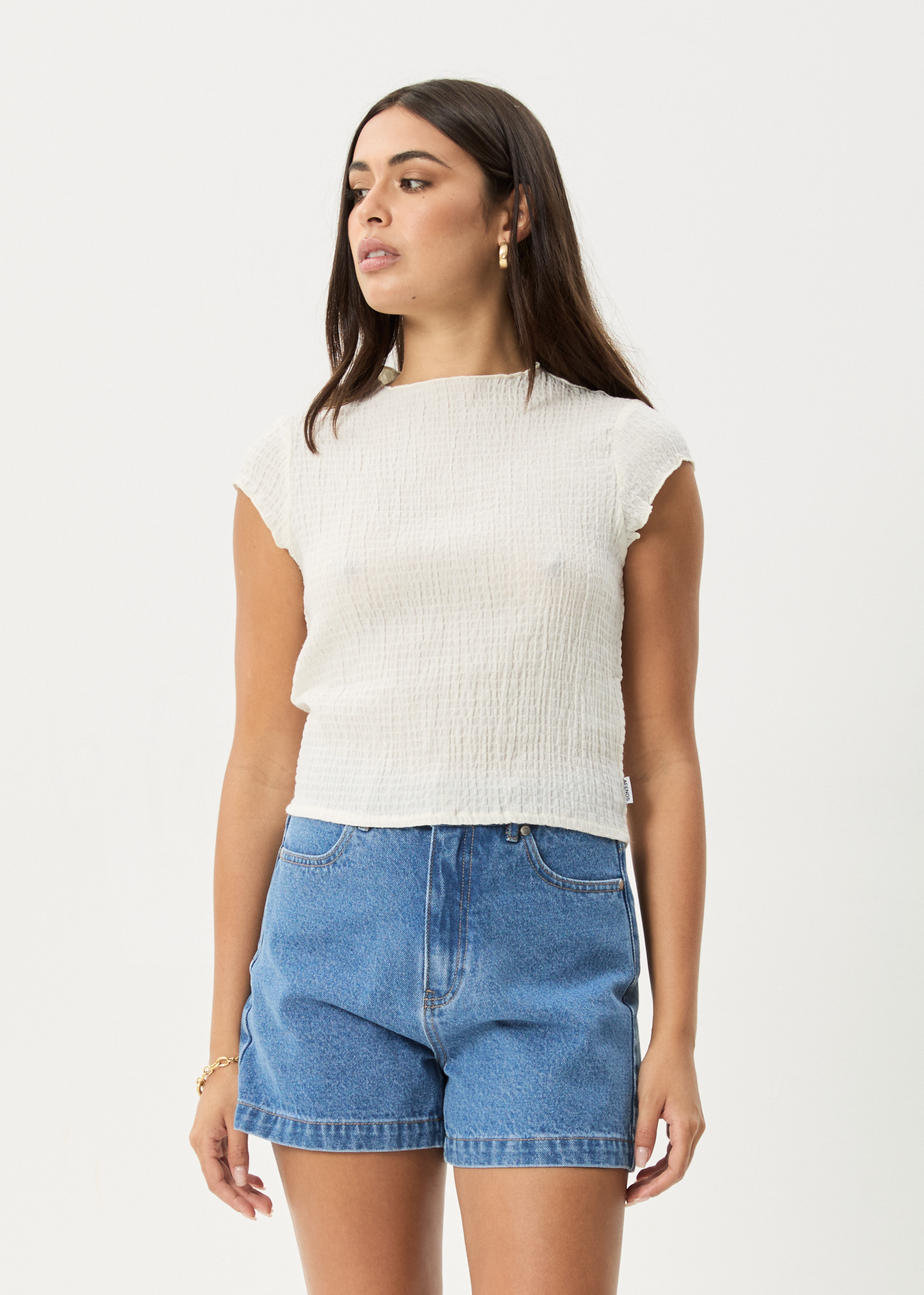 AFENDS Womens Focus - Seersucker Mock Neck Top - Off White