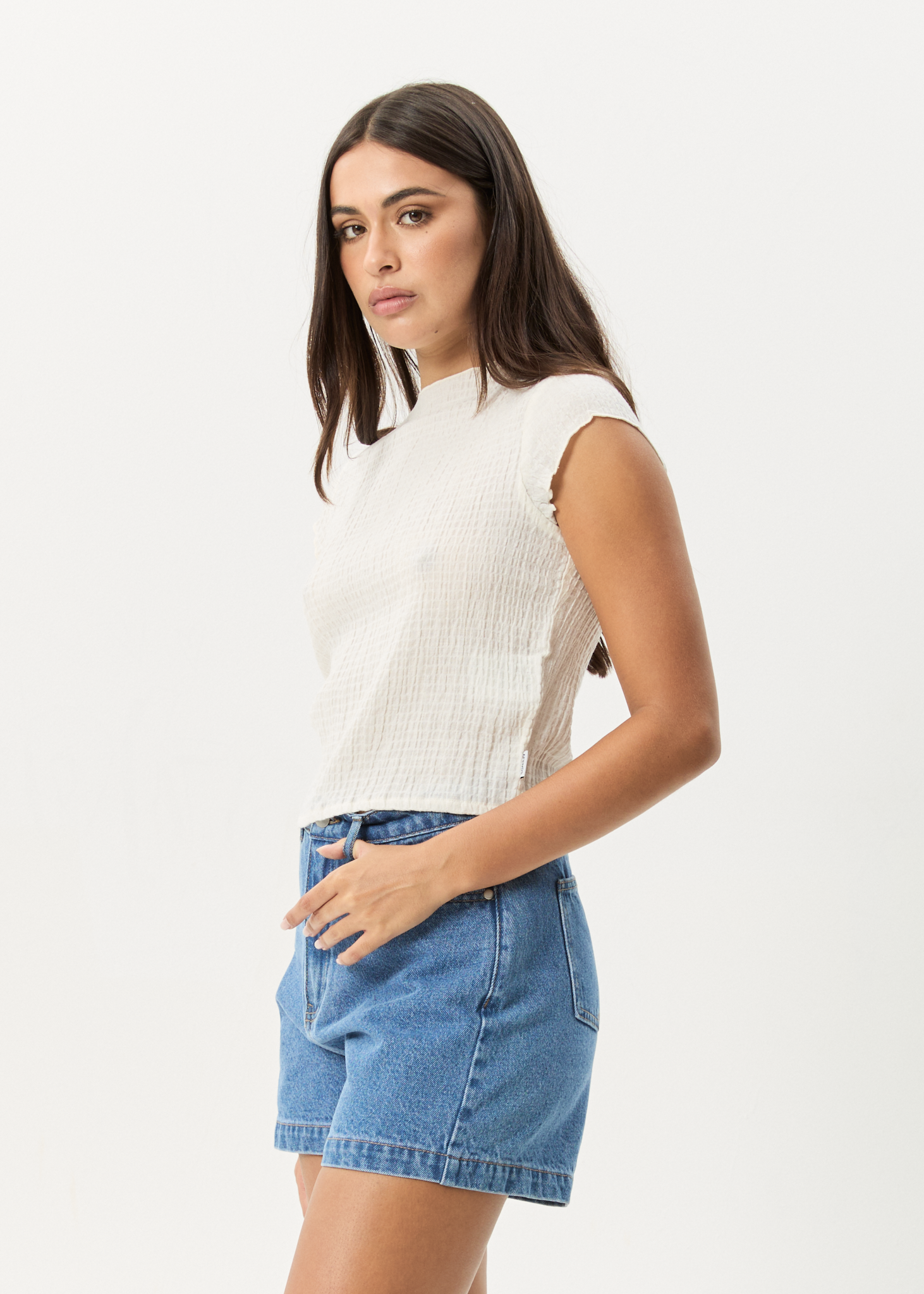 AFENDS Womens Focus - Seersucker Mock Neck Top - Off White
