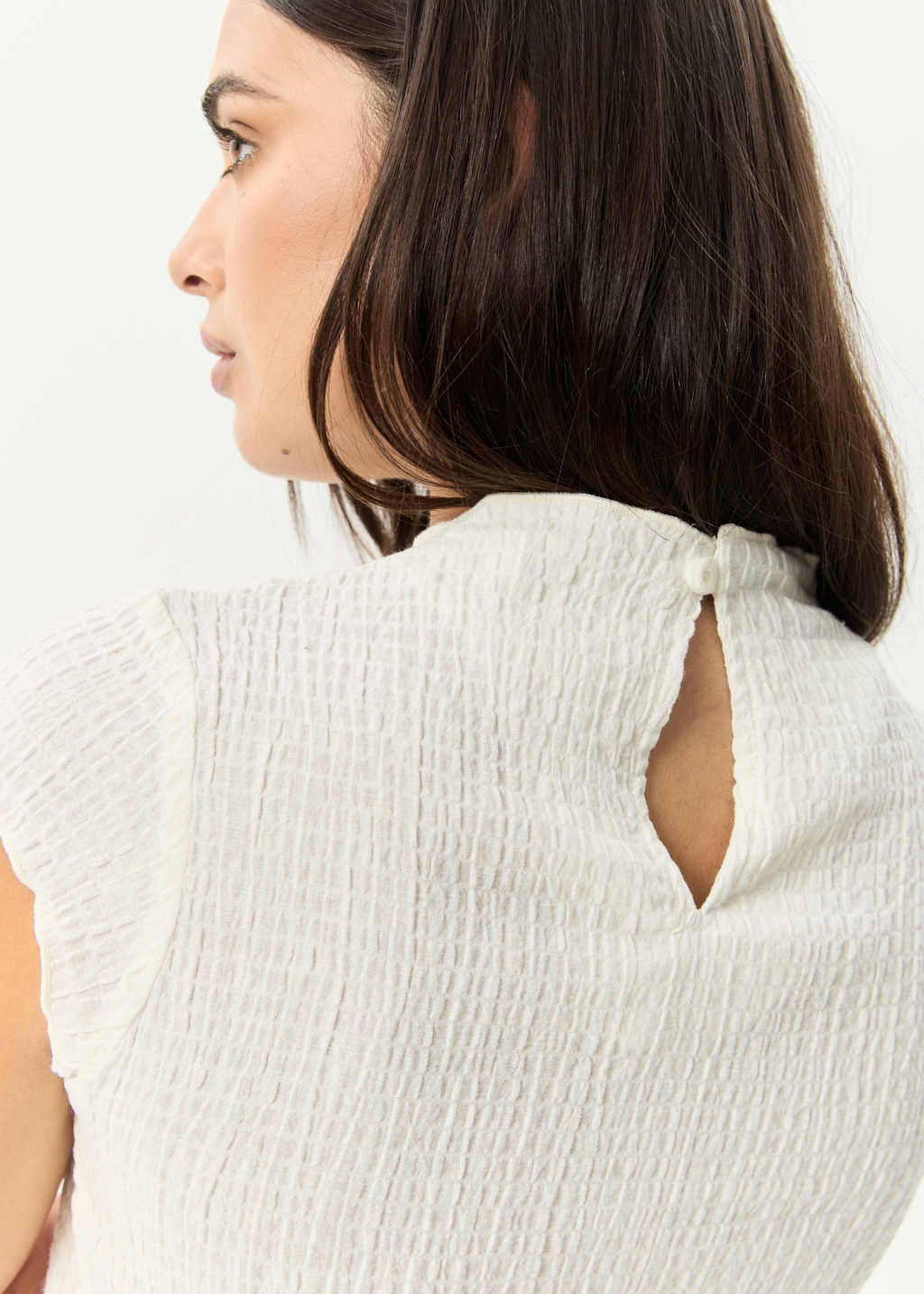 AFENDS Womens Focus - Seersucker Mock Neck Top - Off White