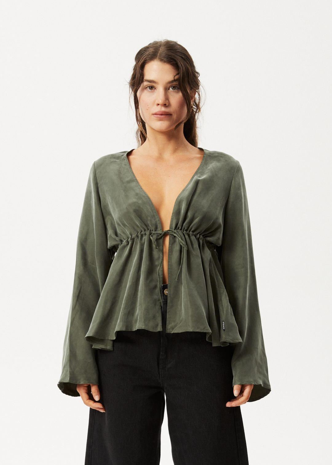 AFENDS Womens Grace - Cupro Tie Blouse - Deep Green 