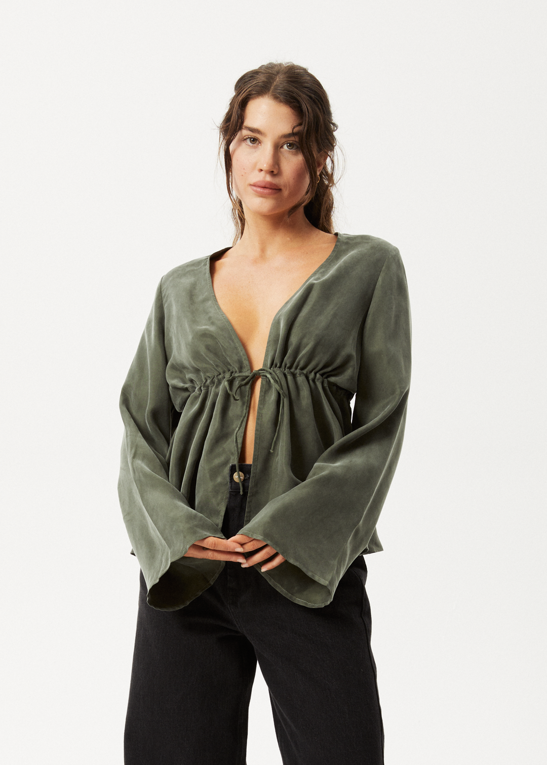 AFENDS Womens Grace - Cupro Tie Blouse - Deep Green 