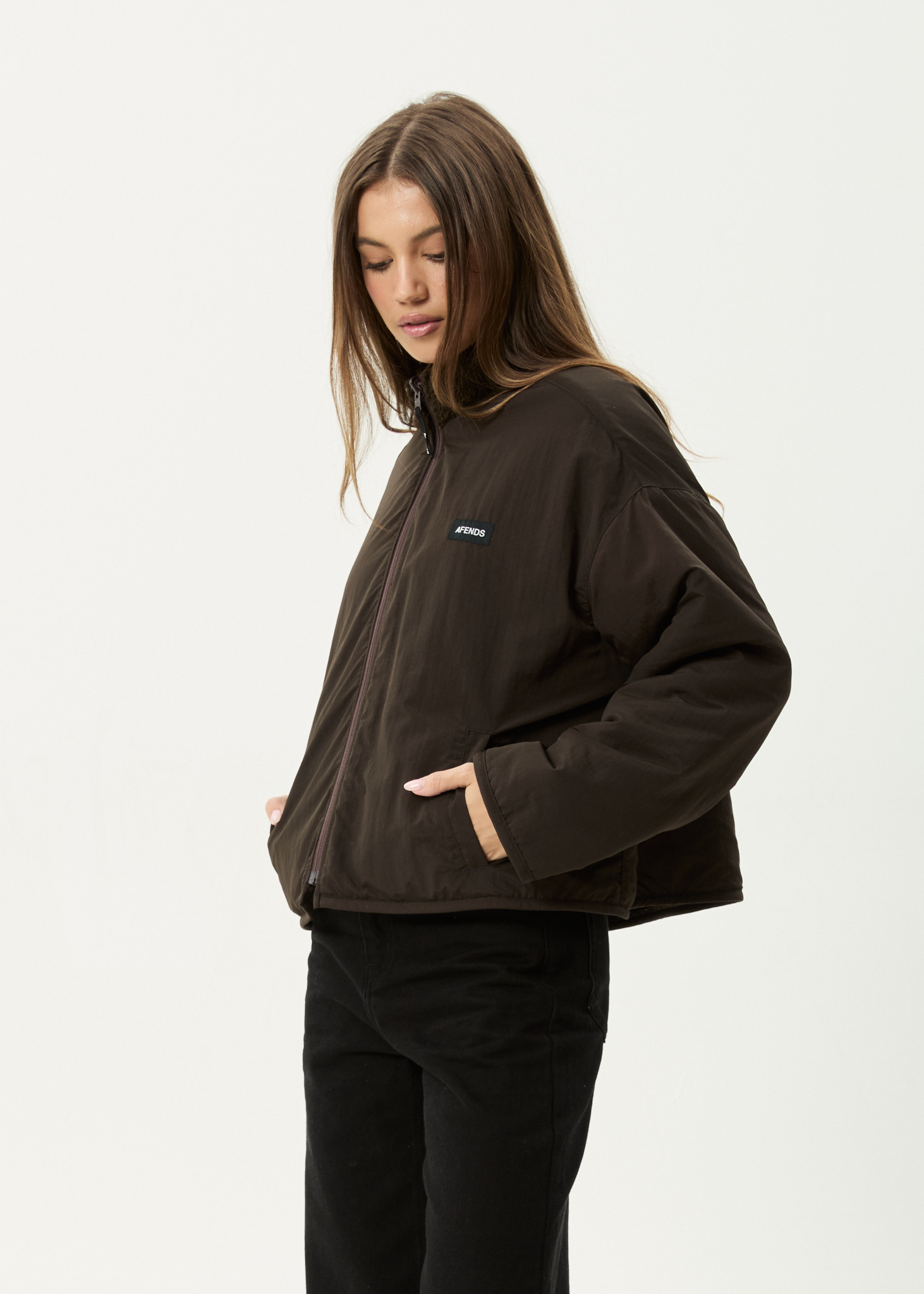 AFENDS Womens Berlin - Reversible Polar Fleece Jacket - Coffee