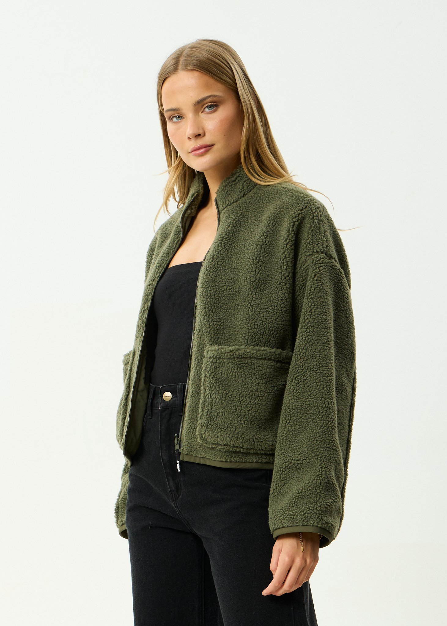 AFENDS Womens Berlin - Reversible Recycled Polar Fleece Jacket - Deep Olive