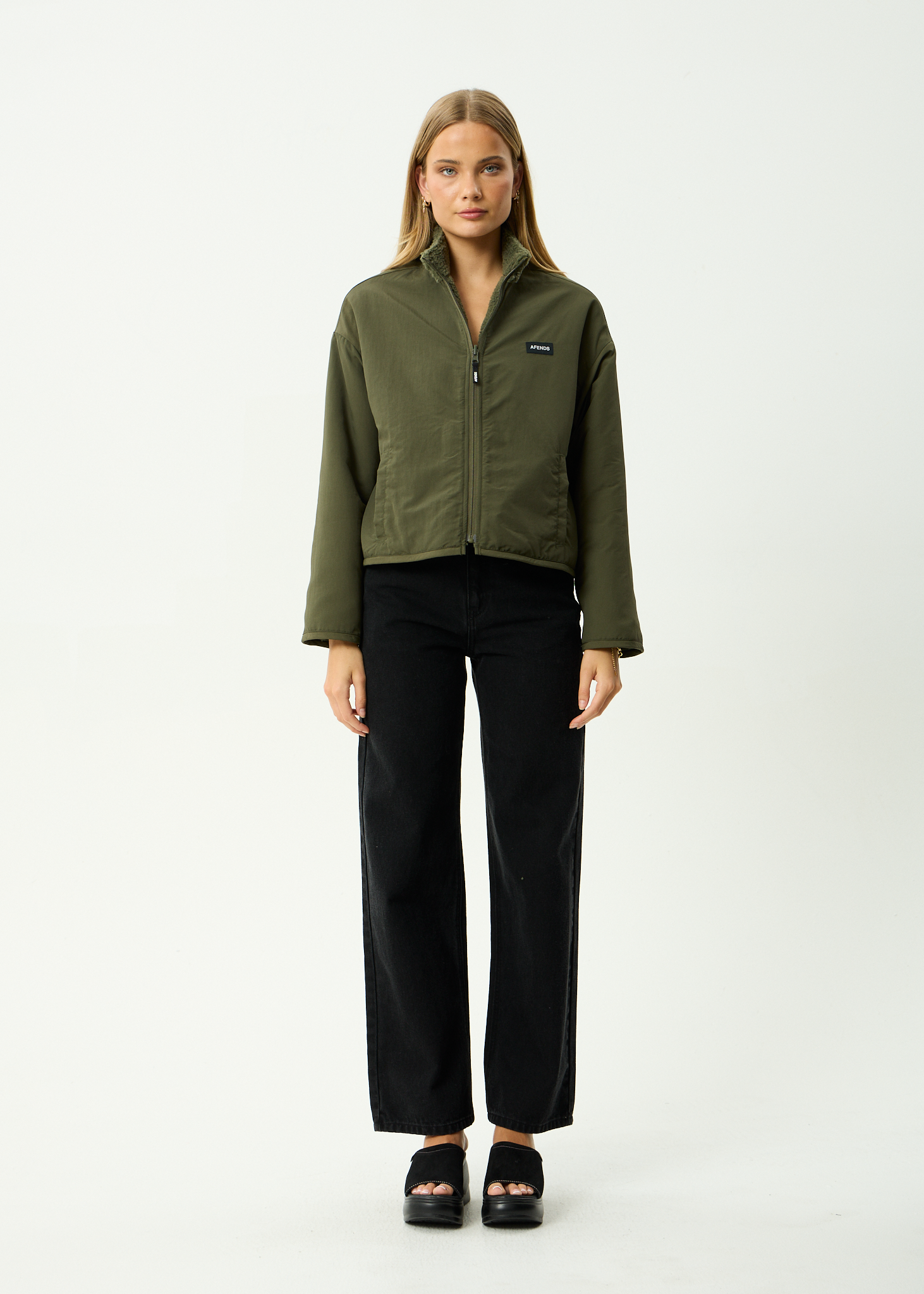 AFENDS Womens Berlin - Reversible Recycled Polar Fleece Jacket - Deep Olive