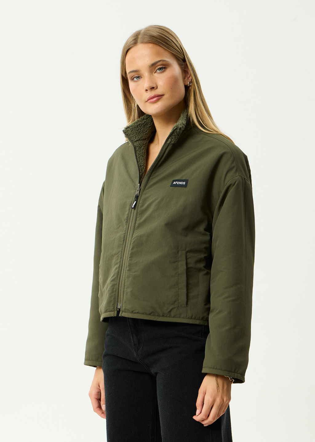 AFENDS Womens Berlin - Reversible Recycled Polar Fleece Jacket - Deep Olive