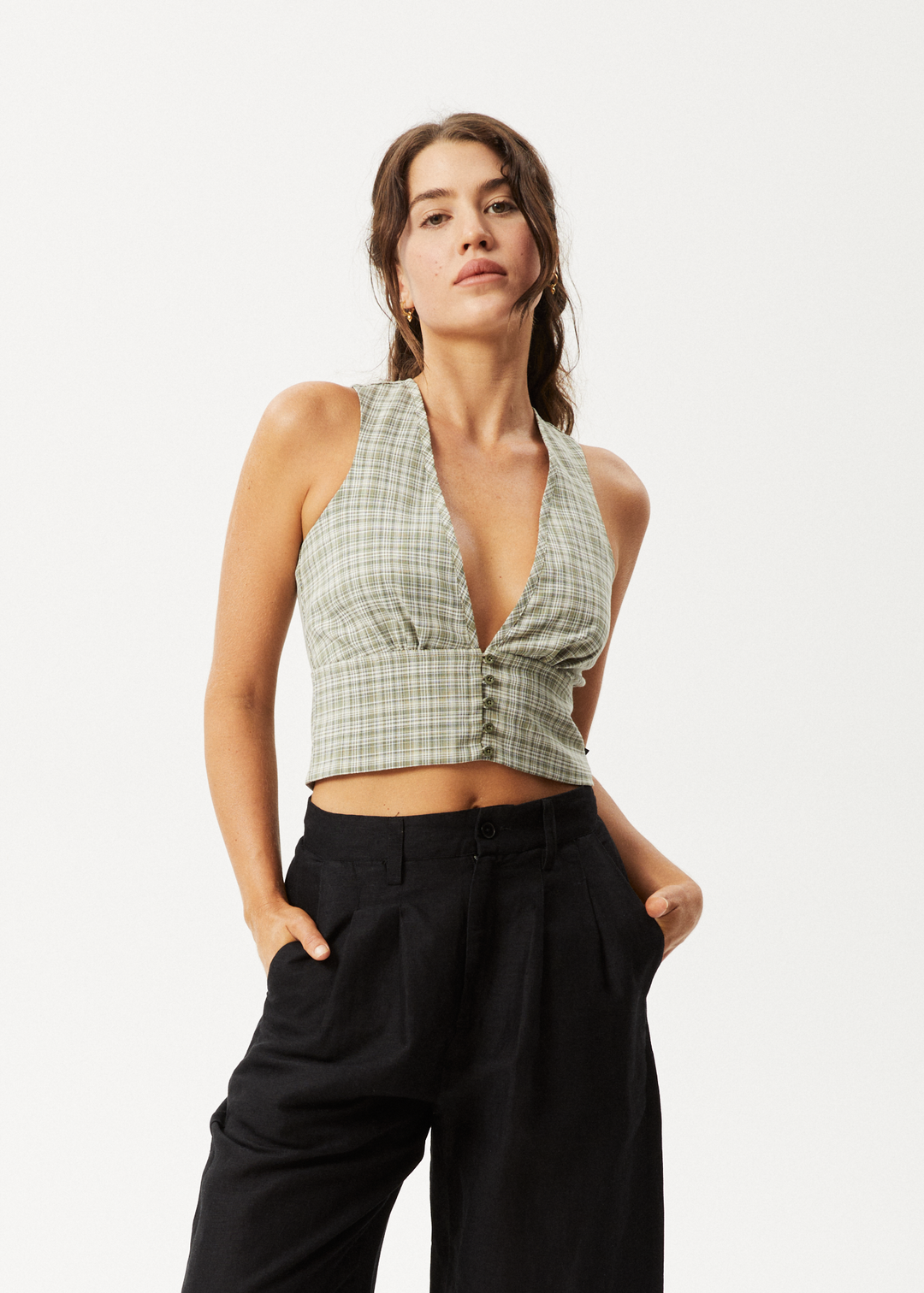 AFENDS Womens Willow Check - Top - Military Check 