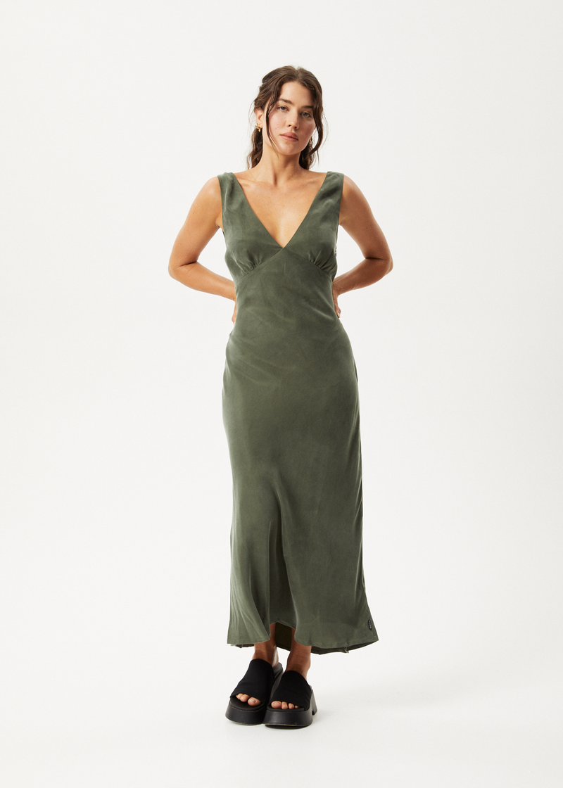 Afends Womens Gia - Cupro Maxi Dress - Deep Green