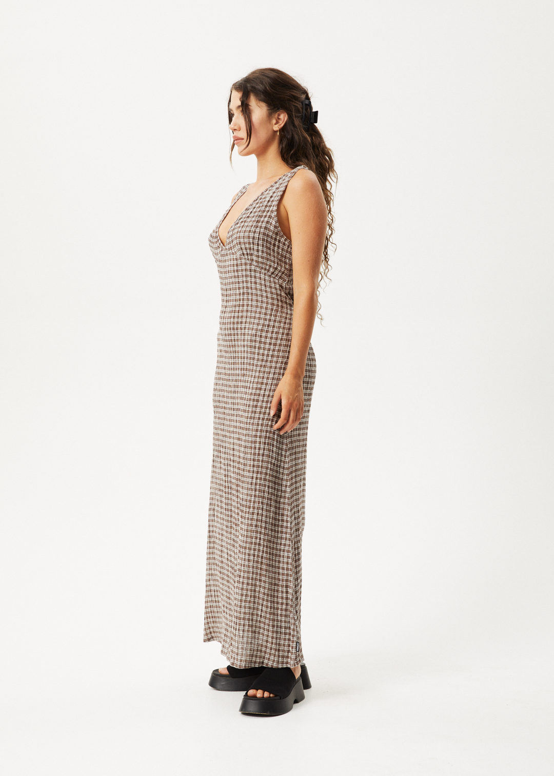 AFENDS Womens Base - Seersucker Check Maxi Dress - Coffee Check 