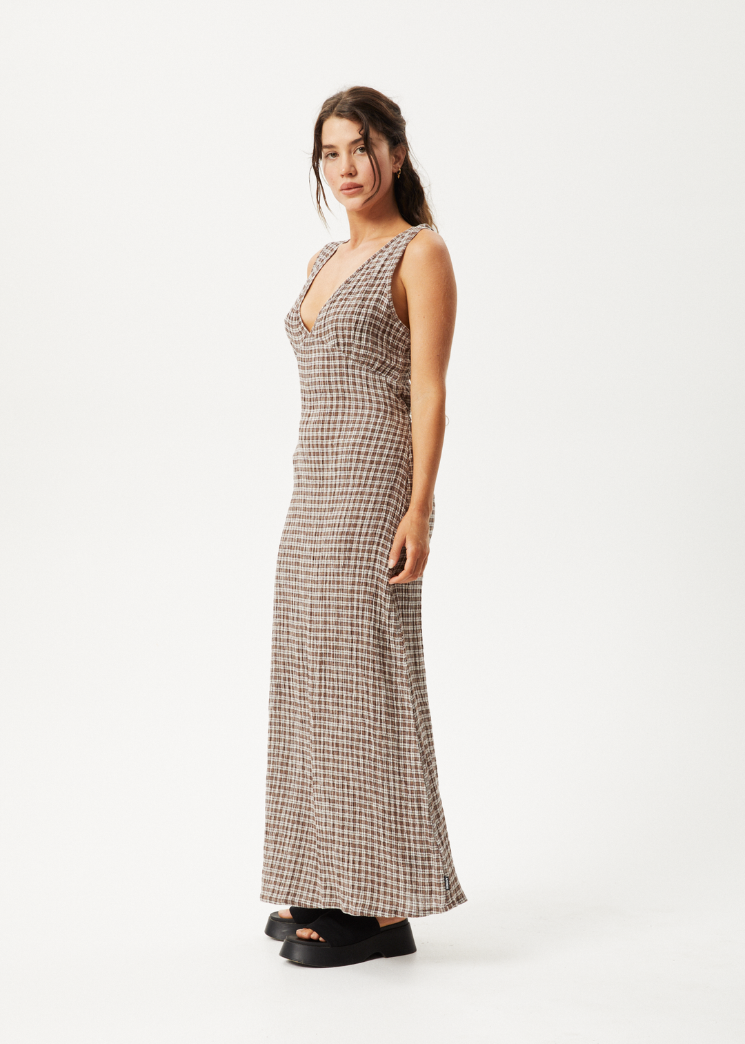 AFENDS Womens Base - Seersucker Check Maxi Dress - Coffee Check 