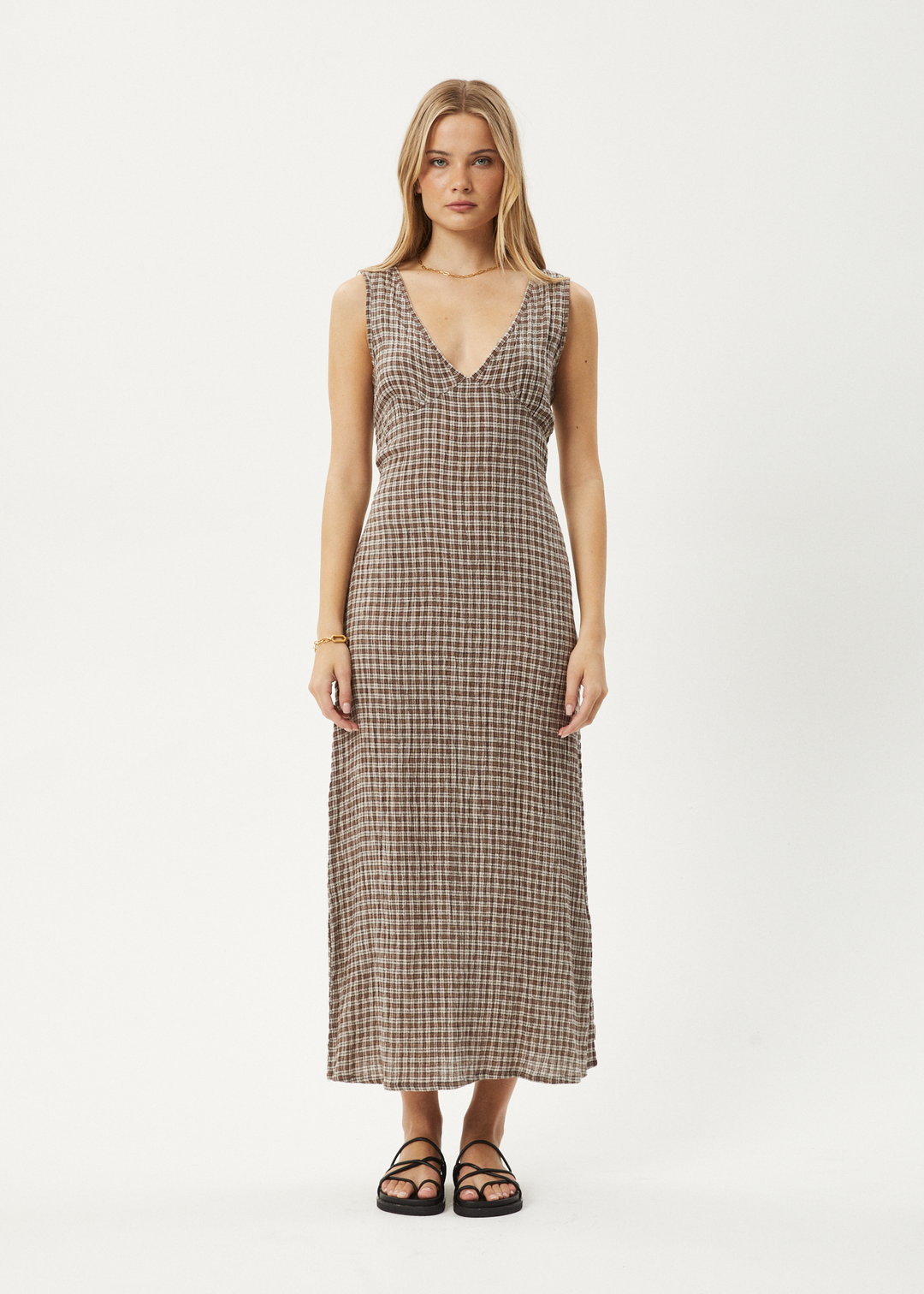 AFENDS Womens Base - Seersucker Check Maxi Dress - Coffee Check 