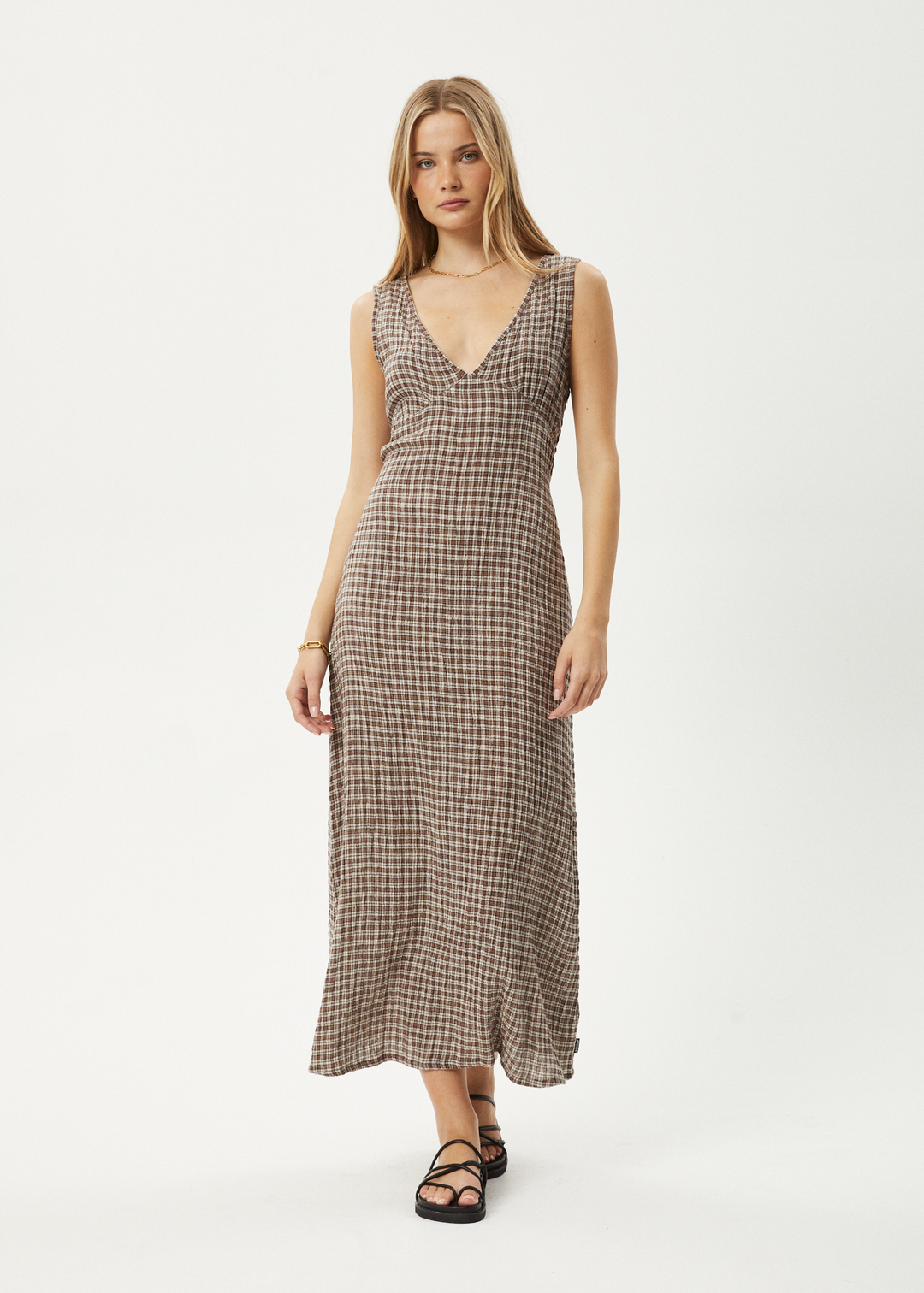 AFENDS Womens Base - Seersucker Check Maxi Dress - Coffee Check 