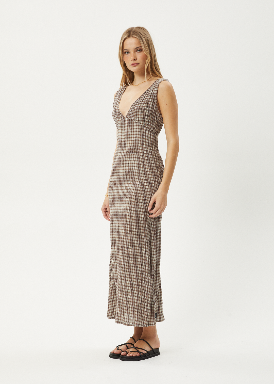 AFENDS Womens Base - Seersucker Check Maxi Dress - Coffee Check 