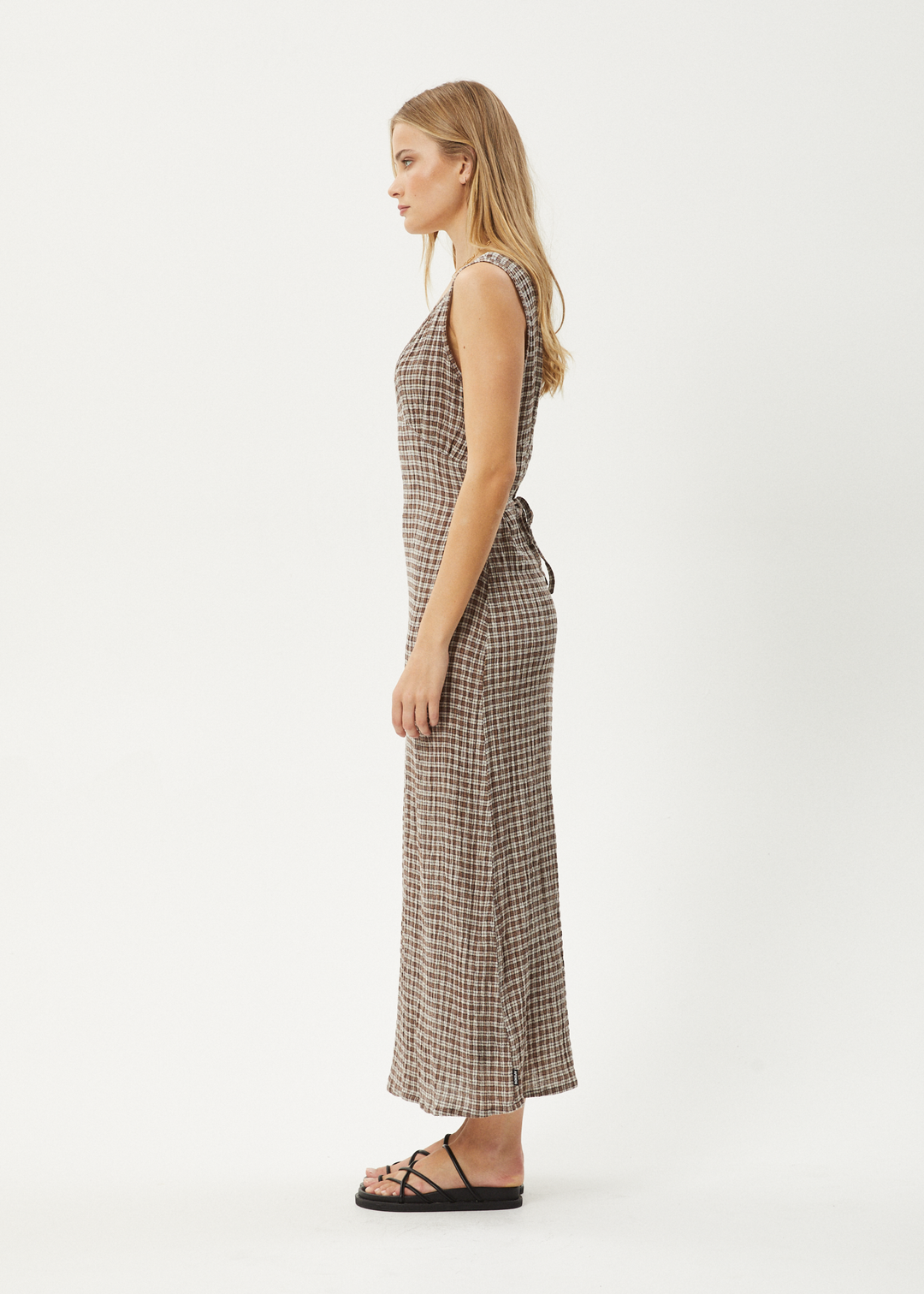 AFENDS Womens Base - Seersucker Check Maxi Dress - Coffee Check 