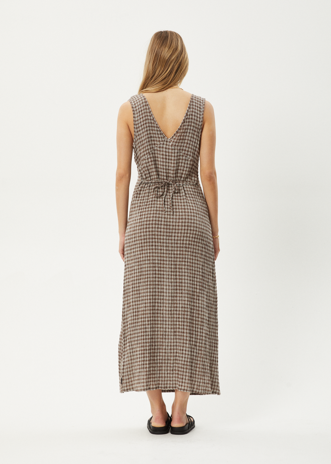 AFENDS Womens Base - Seersucker Check Maxi Dress - Coffee Check 