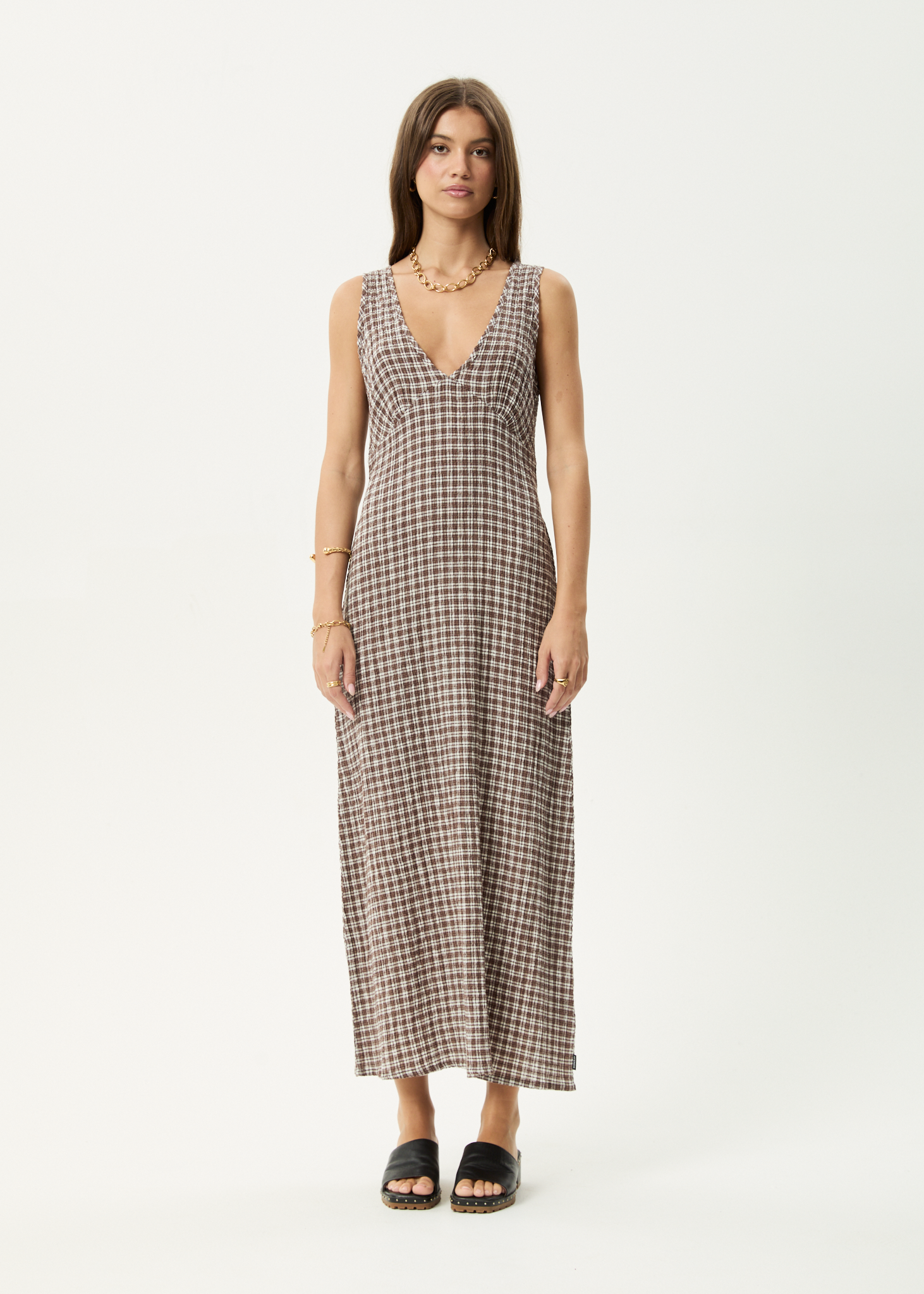 AFENDS Womens Base - Seersucker Maxi Dress - Coffee Check