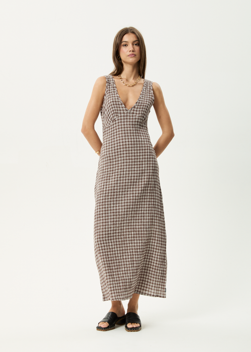 AFENDS Womens Base - Seersucker Maxi Dress - Coffee Check