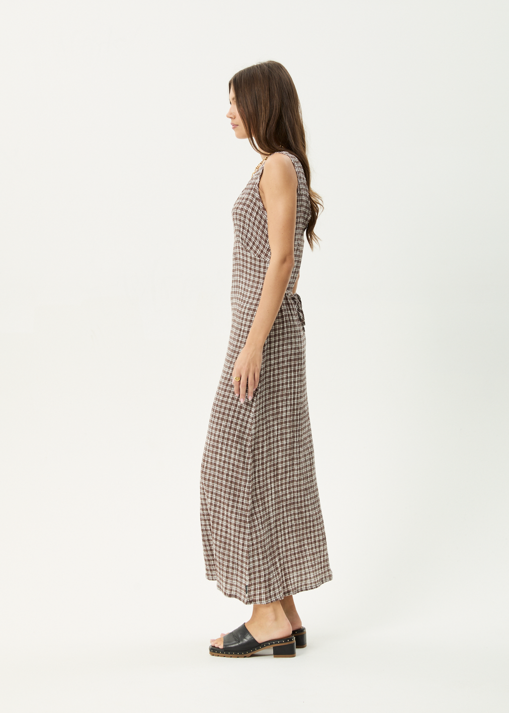 AFENDS Womens Base - Seersucker Maxi Dress - Coffee Check