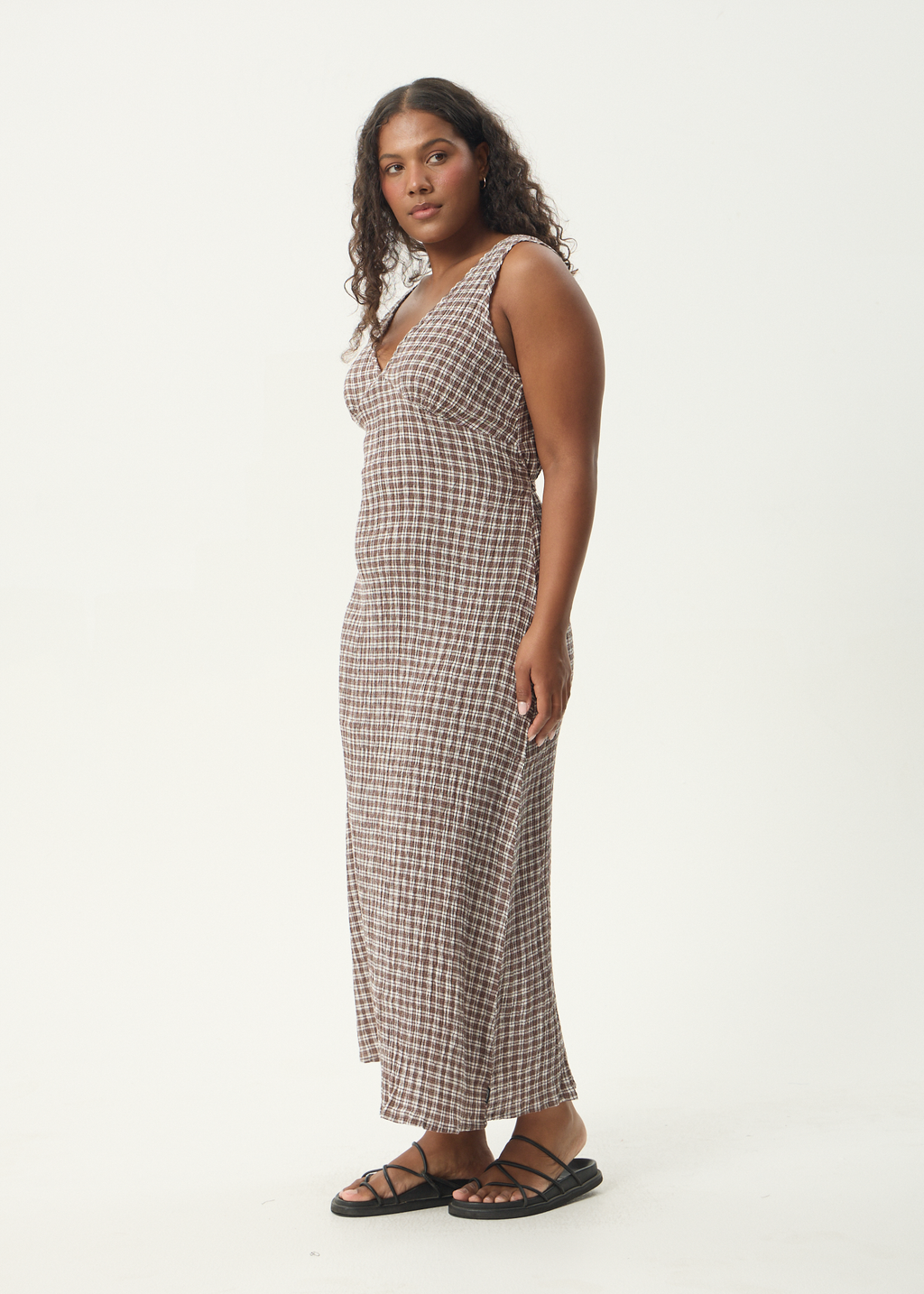 AFENDS Womens Base - Seersucker Maxi Dress - Coffee Check