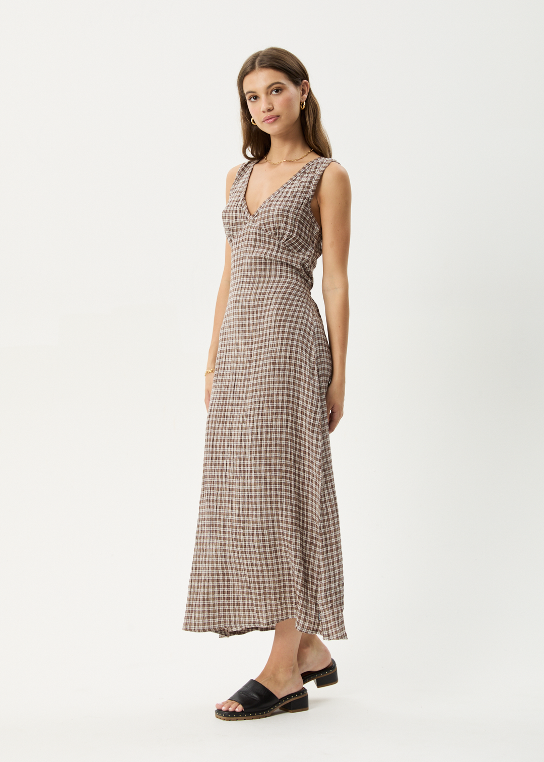 AFENDS Womens Base - Seersucker Check Maxi Dress - Coffee Check