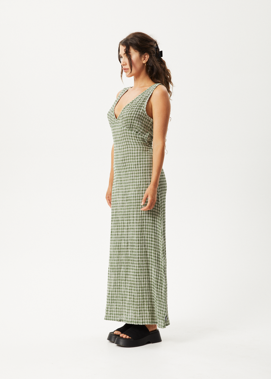 AFENDS Womens Base - Seersucker Check Maxi Dress - Deep Green Check 