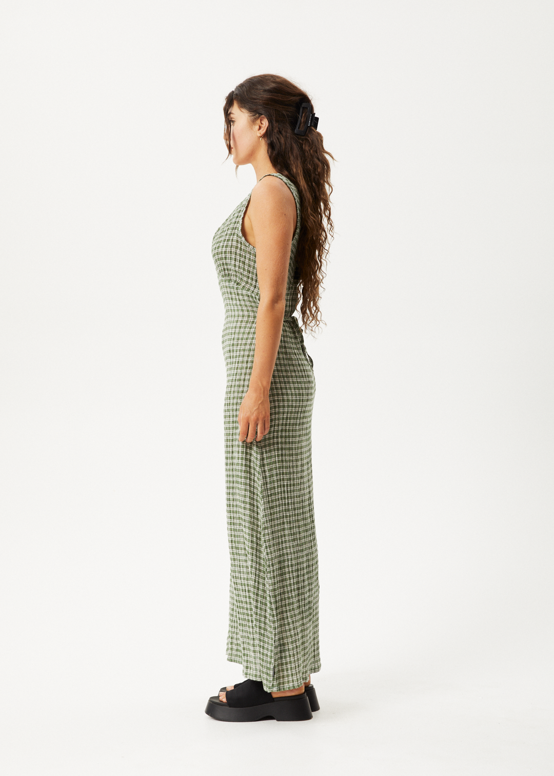 AFENDS Womens Base - Seersucker Check Maxi Dress - Deep Green Check 